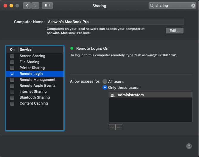 Select the Remote Login checkbox to enable SSH