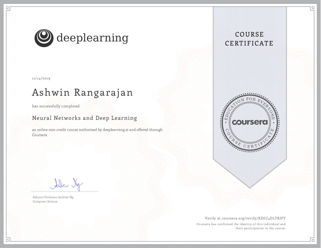 Certification of completion from Coursera